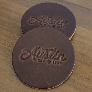 Made in USA Genuine Leather Coaster Set (4) – “Austin Est. 1839” – Dark Brown